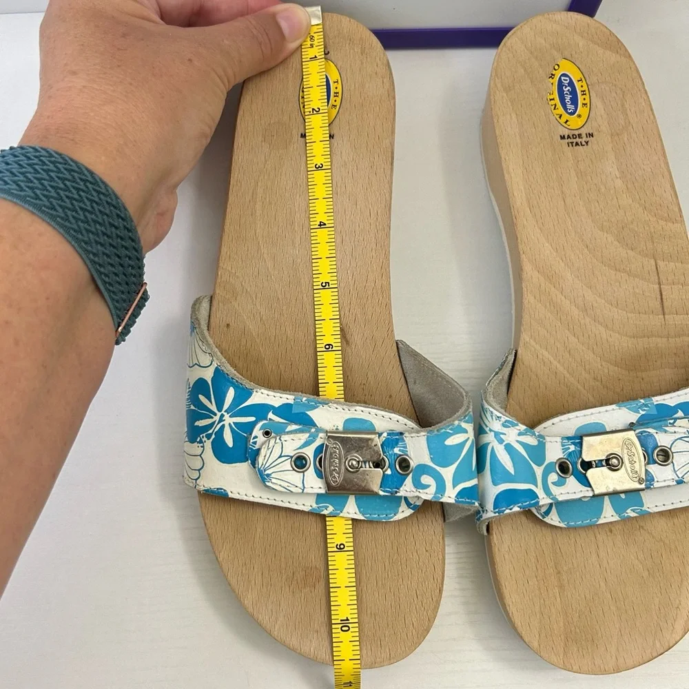 Dr Scholl’s Vintage Blue & White Hawaiian Hibiscus Silver Buckle Sandal Size 10 - Picture 12 of 14
